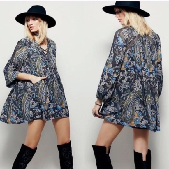 Free People Dresses & Skirts - FP | Rain Or Shine Floral Paisley Lace Up Neckline Long Sleeve Boho Mini Dress